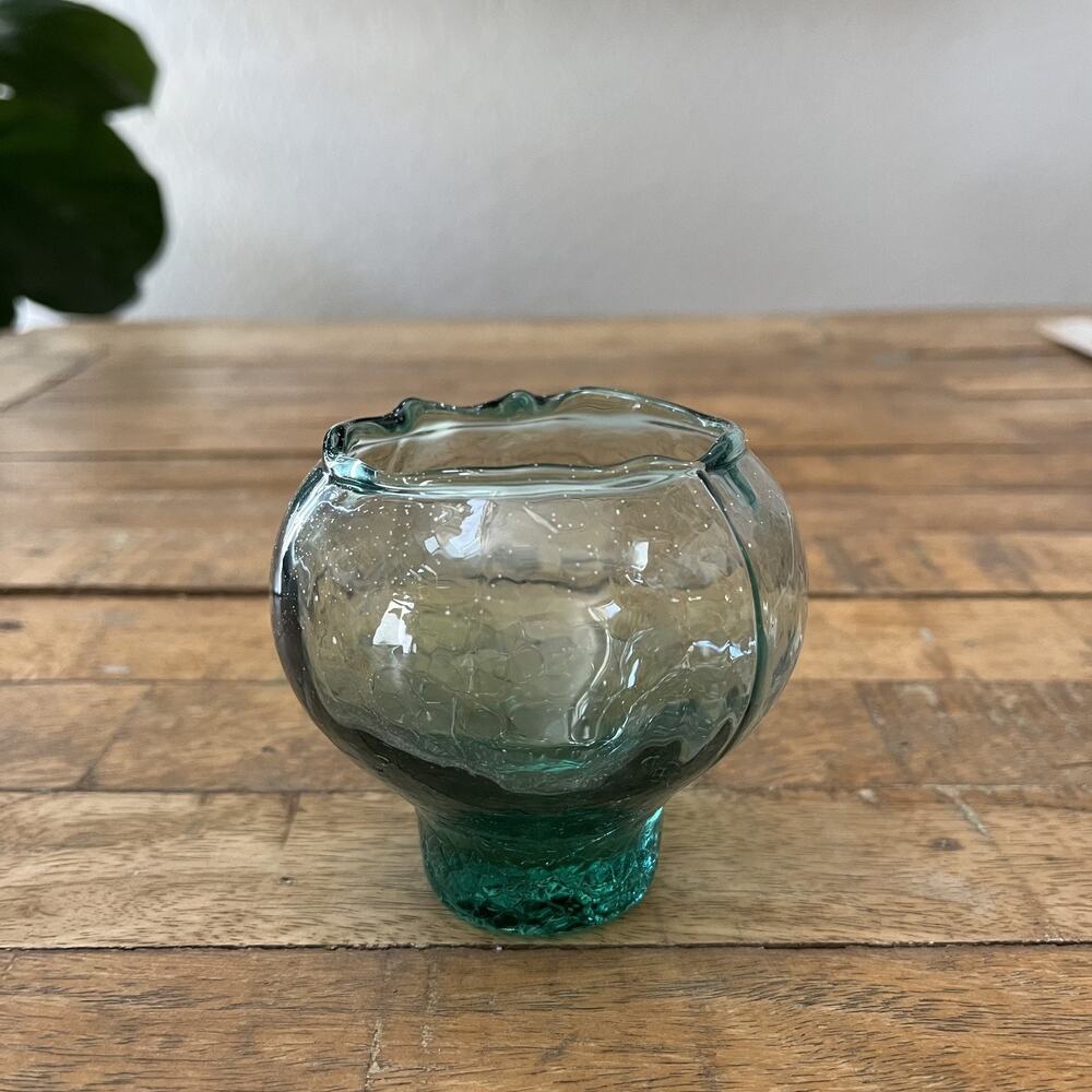 Hand Blown Crackled Glass Candle Holder 3.5" Textured Green Aqua